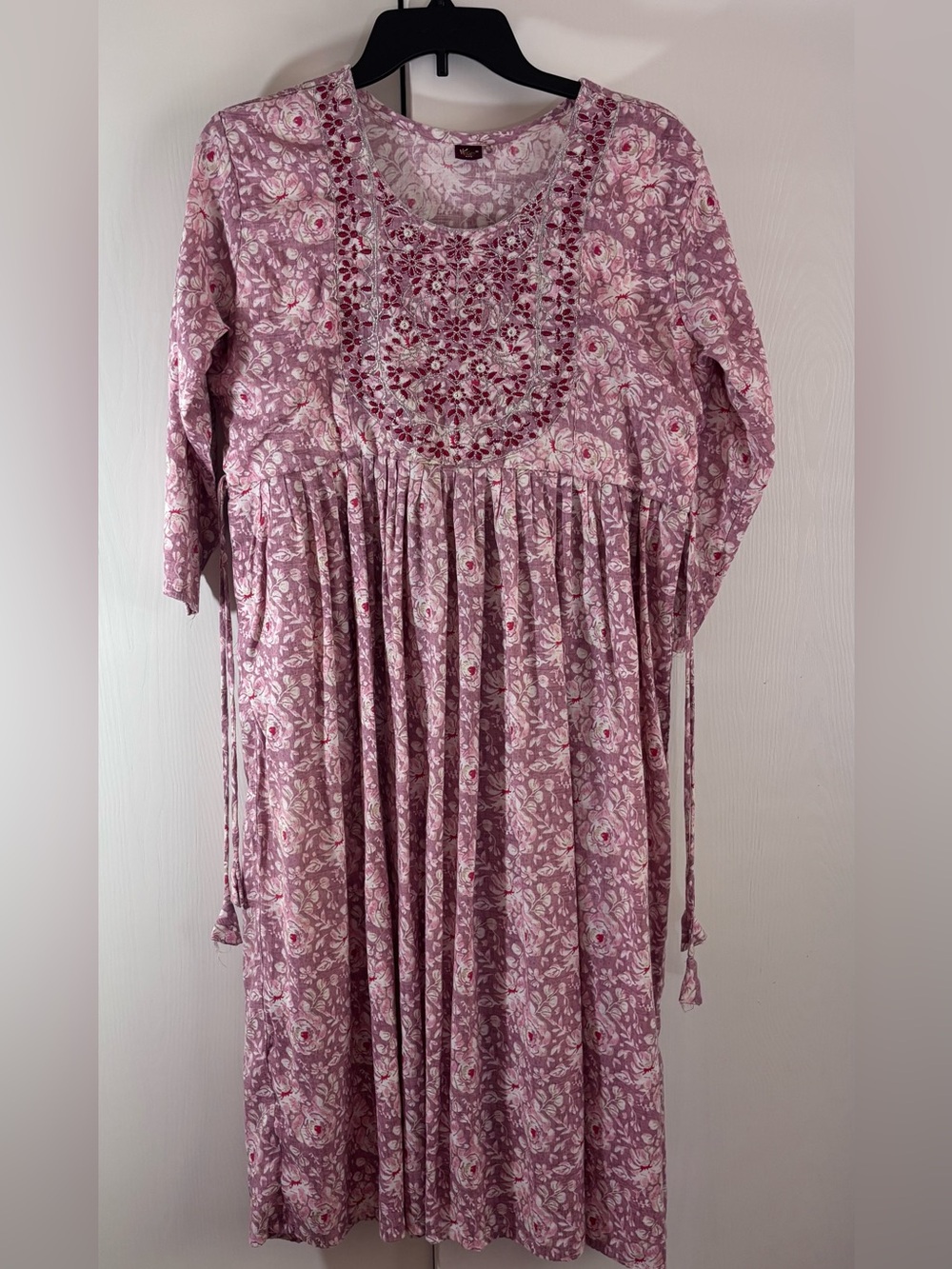 SLF Pink Floral Printed Pullover Dress Red/Silver Embroidery XXL 3/4 Sleeves